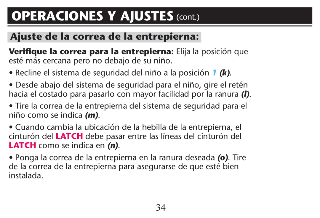 Graco PD247311A owner manual Operaciones Y Ajustes CONT, Ajuste de la correa de la entrepierna 