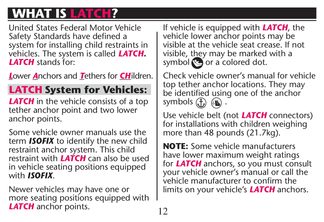 Graco PD247312A owner manual Vehicle Seating Positions Equipped with Isofix, Symbol or a colored dot, Symbols 