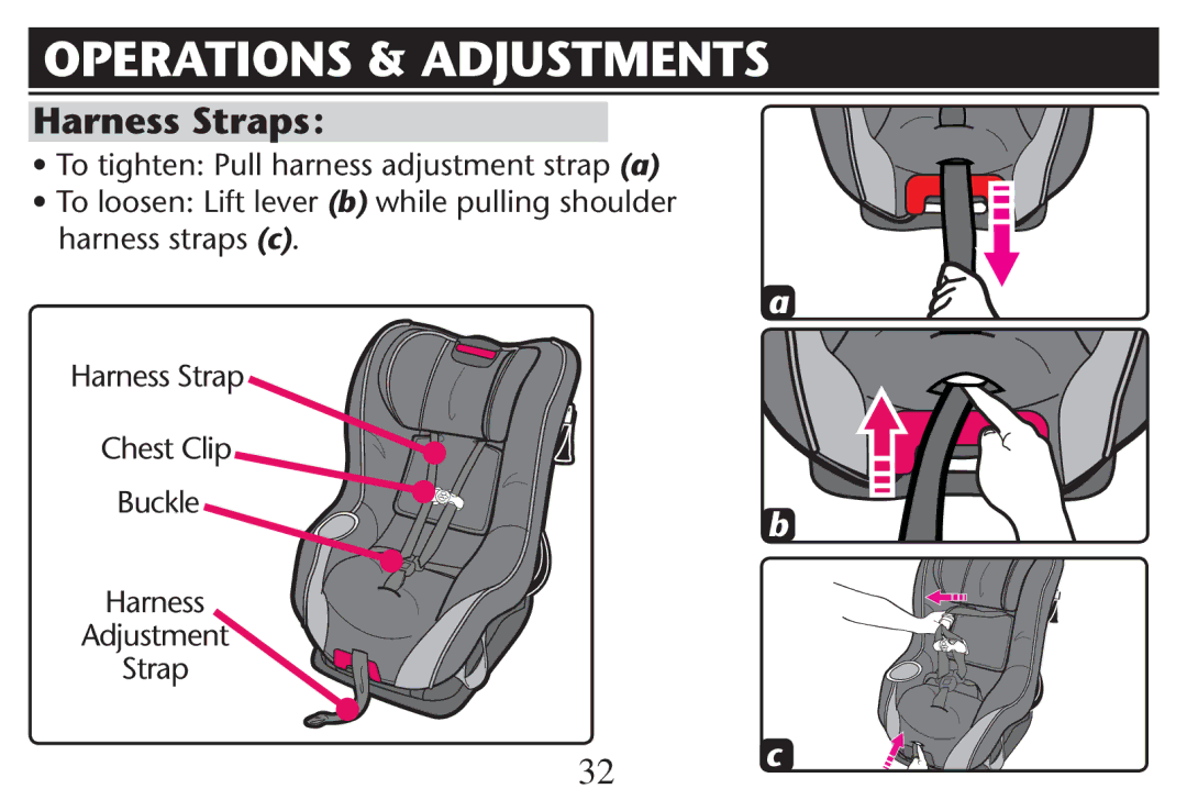 Graco PD247312A owner manual Operations & Adjustments, Harness straps c Harness Strap Chest Clip, Harness Adjustment Strap 