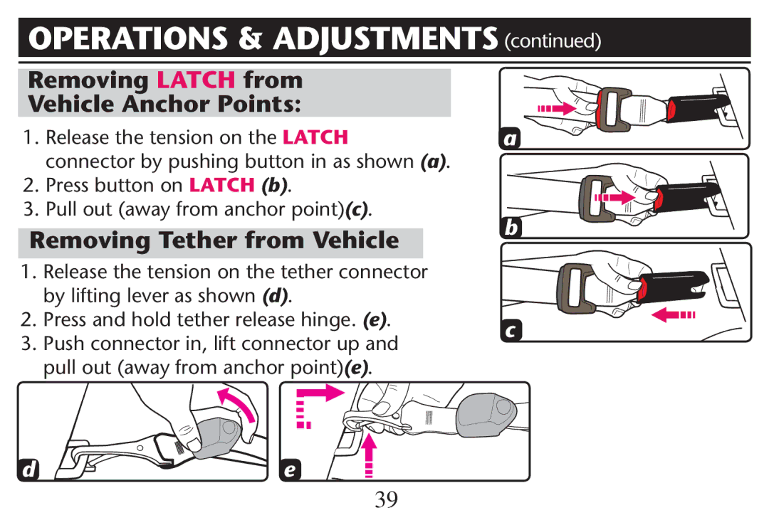 Graco PD247312A owner manual Removing Latch from Vehicle Anchor Points, Removing Tether from Vehicle 