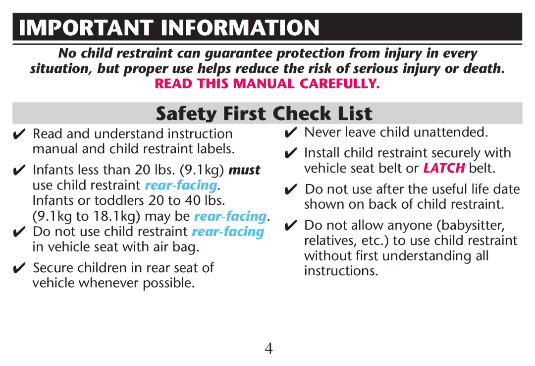 Graco PD247312A owner manual Important Information, Vehicle Seat WITHCAIREBAG, Vehicle WHENEVERLPOSSIBLE 