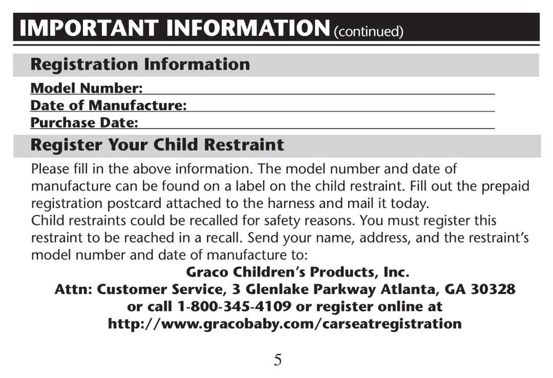 Graco PD247312A owner manual Important Information , Registration Information, Register Your Child Restraint 