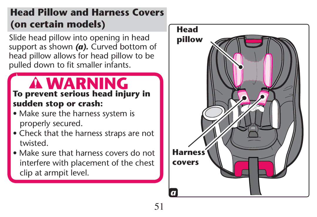 Graco PD247312A owner manual Head Pillow and Harness Covers on certain models, Clipcat ARMPITALEVEL, Harness covers 