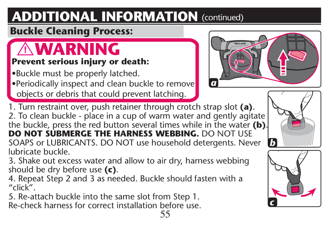 Graco PD247312A owner manual Buckle Cleaning Process, Prevent serious injury or death, SUCKLECMUST be Properly LATCHED 