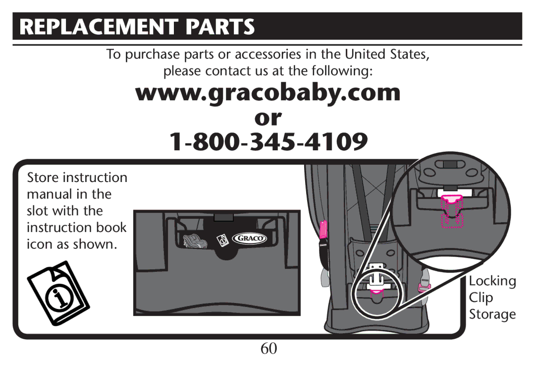 Graco PD247312A owner manual Replacement Parts, Please contact us at the following, Ocking, Clip Storage 