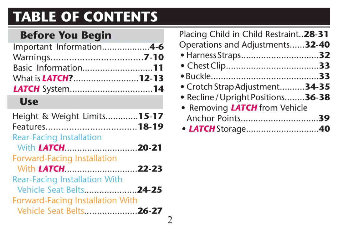 Graco PD247313A owner manual Table of Contents 