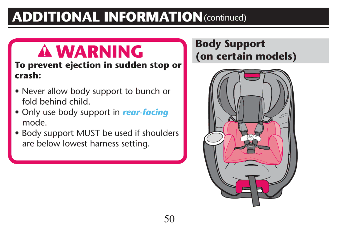 Graco PD247313A Additional INFORMATION, Body Support On certain models, To prevent ejection in sudden stop or crash 