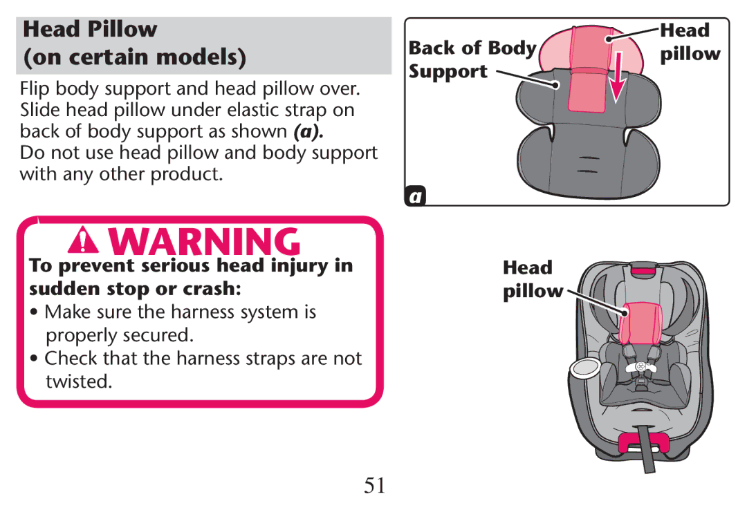 Graco PD247313A owner manual Head Pillow On certain models, To prevent serious head injury in sudden stop or crash 