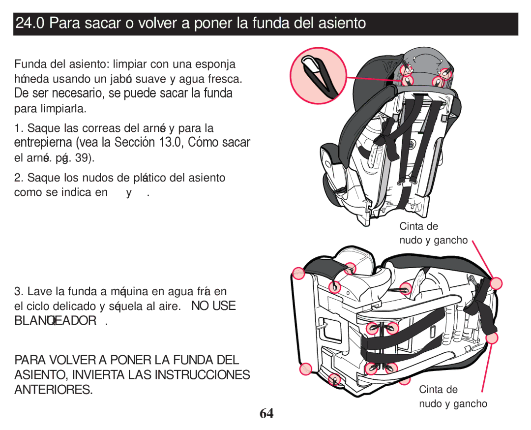 Graco PD247314A owner manual Para sacar o volver a poner la funda del asiento, VhuQhfhvdulrVhSxhghVdfduOdIxqgd 