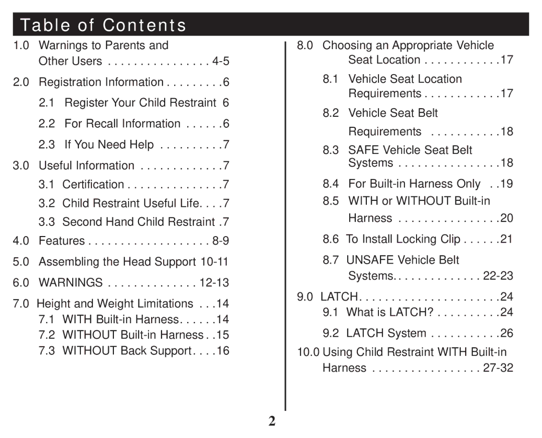 Graco PD247314A owner manual Table of Contents 