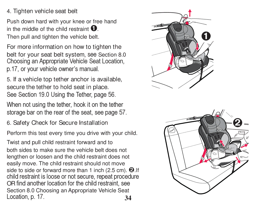 Graco PD247314A owner manual Tighten vehicle seat belt, 6HH6HFWLRQ8VLQJWKH7HWKHUSDJH, RfdwlrqS 