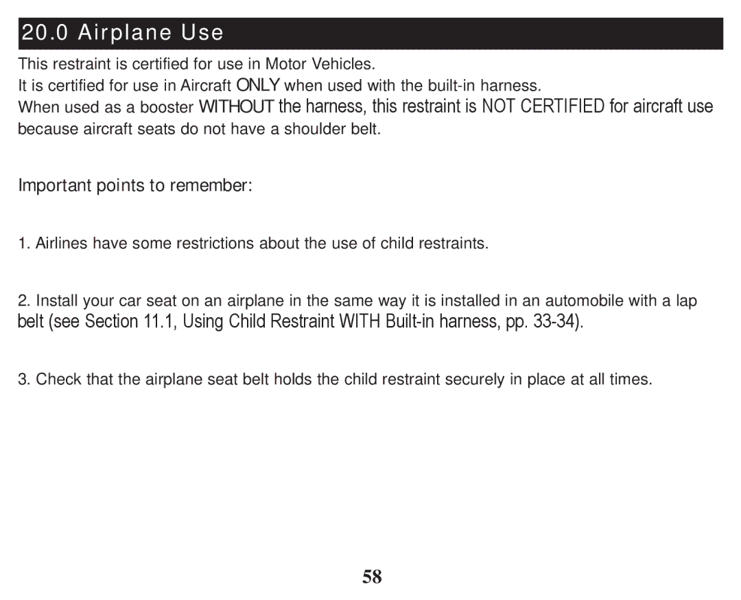 Graco PD247314A owner manual Airplane Use, Important points to remember 