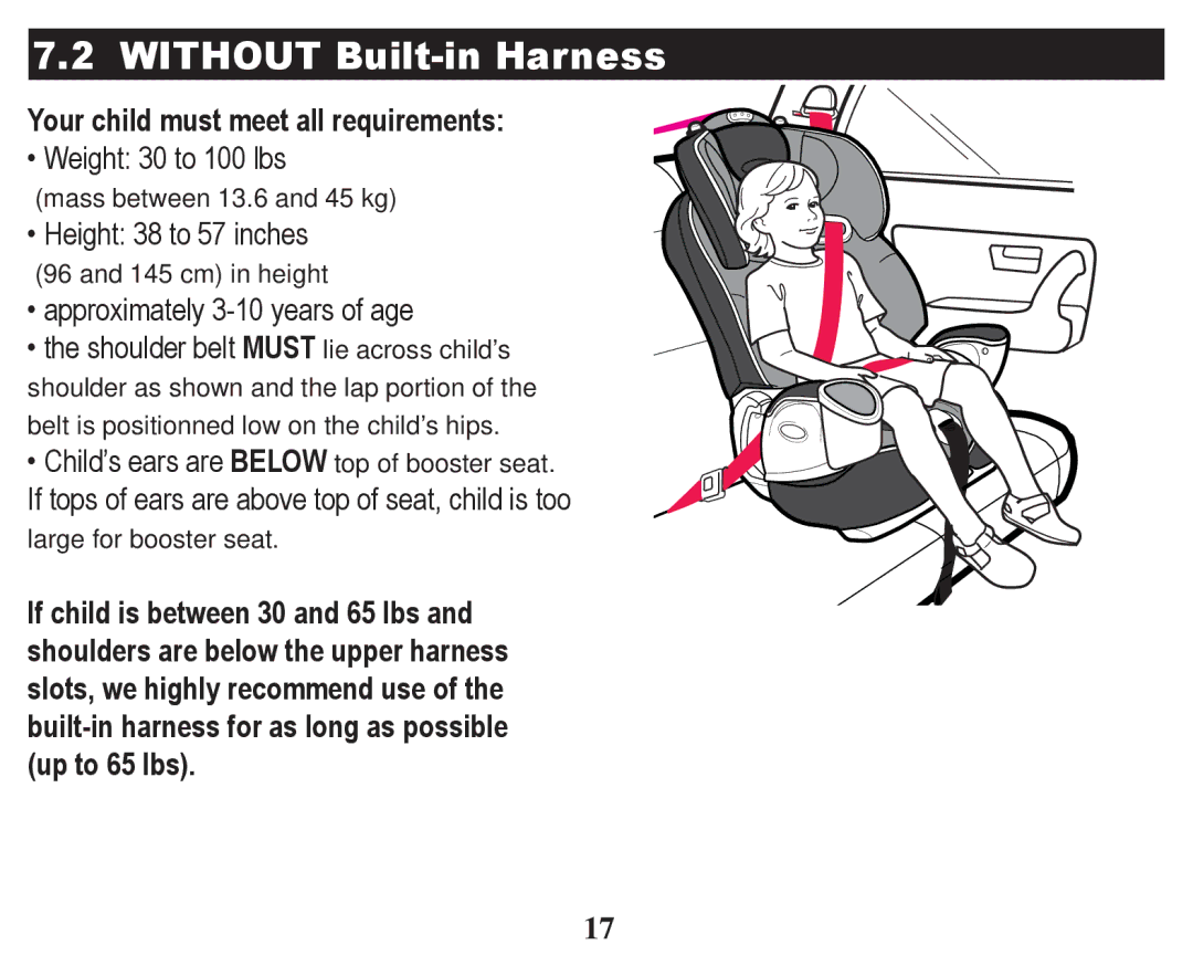 Graco PD247322A owner manual Without Built-in Harness, Mass between 13.6 and 45 kg ‡+HLJKWWRLQFKHV 