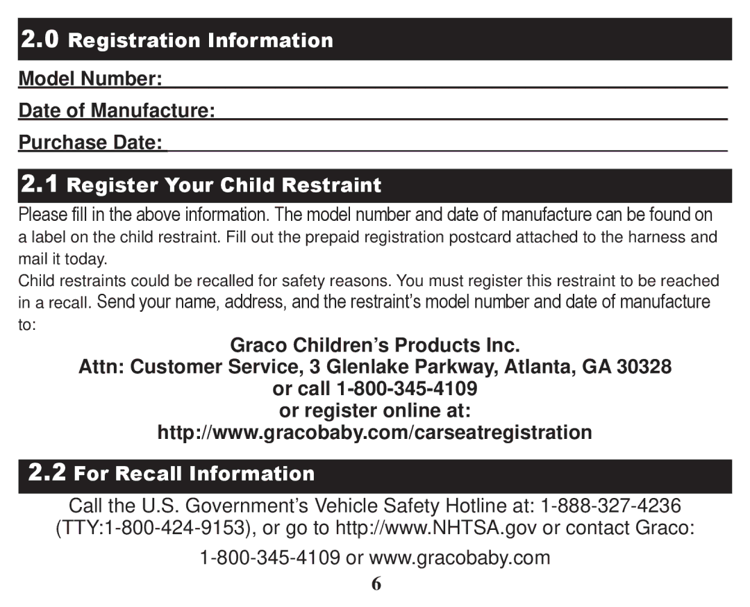 Graco PD247322A owner manual Model Number Date of Manufacture Purchase Date, Register Your Child Restraint 