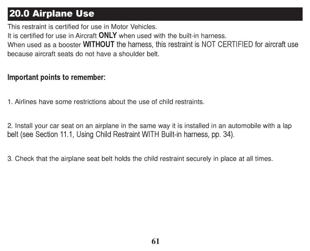 Graco PD247322A owner manual Airplane Use, Important points to remember 