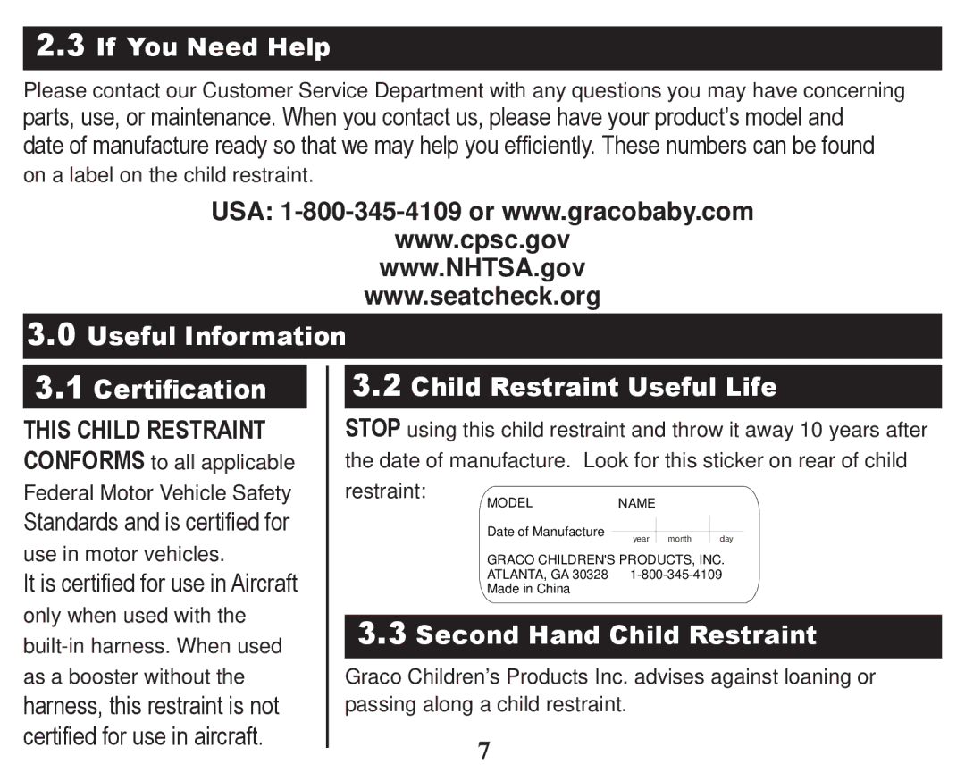 Graco PD247322A owner manual Second Hand Child Restraint 