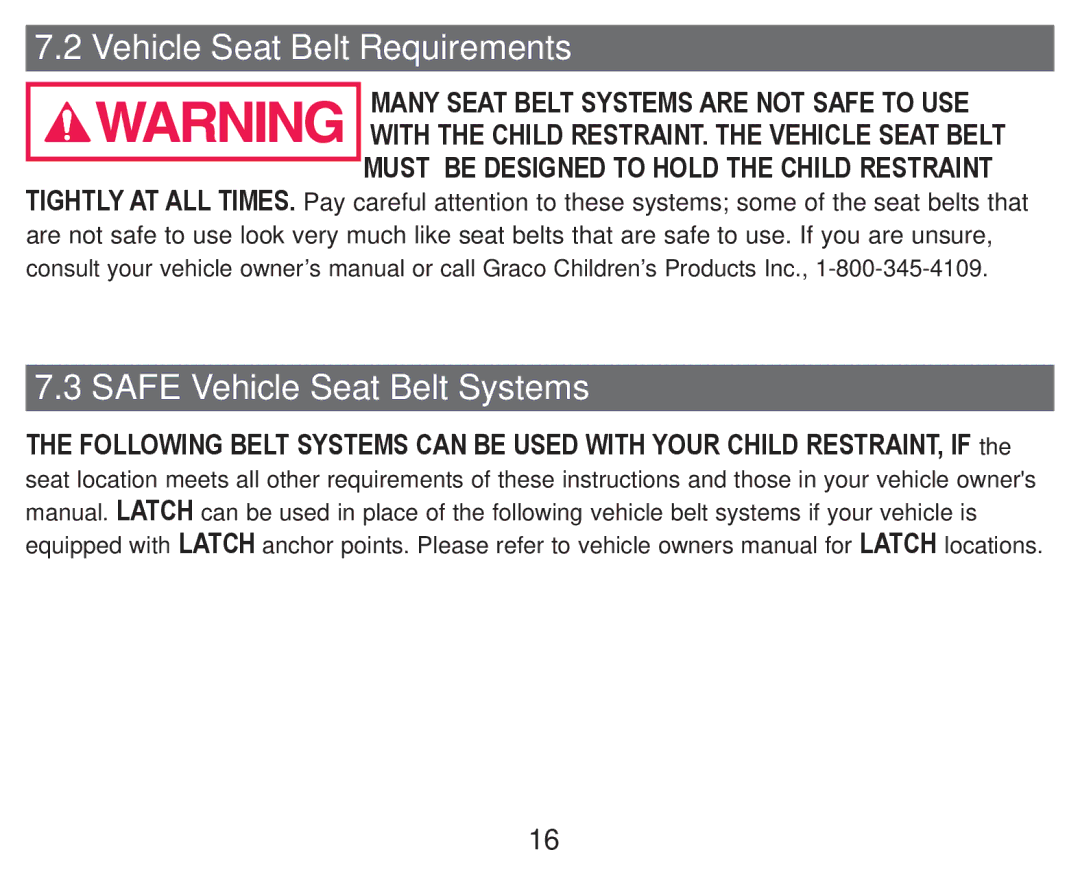 Graco PD247324A owner manual Vehicle Seat Belt Requirements, Safe Vehicle Seat Belt Systems 