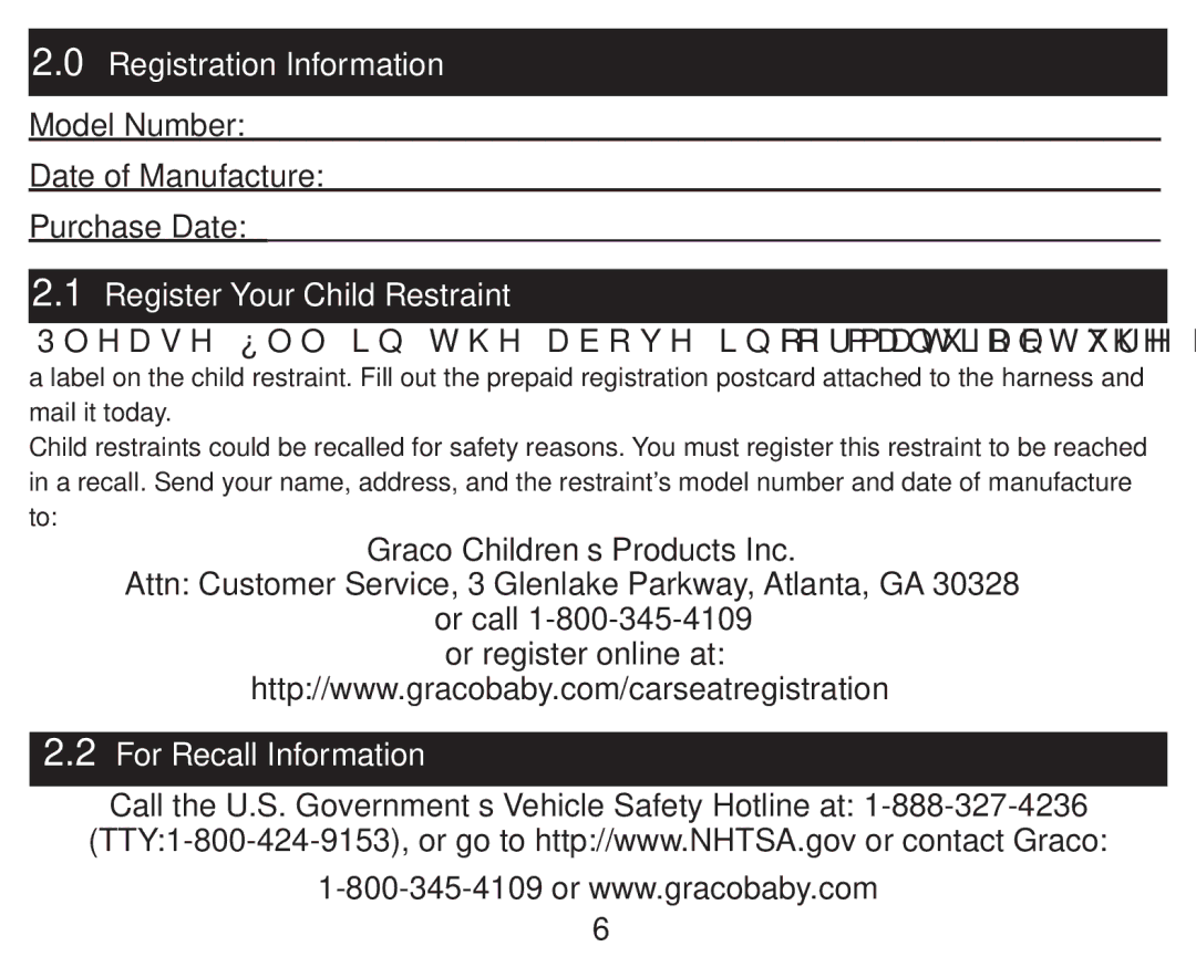 Graco PD247324A owner manual Model Number Date of Manufacture Purchase Date, Register Your Child Restraint 