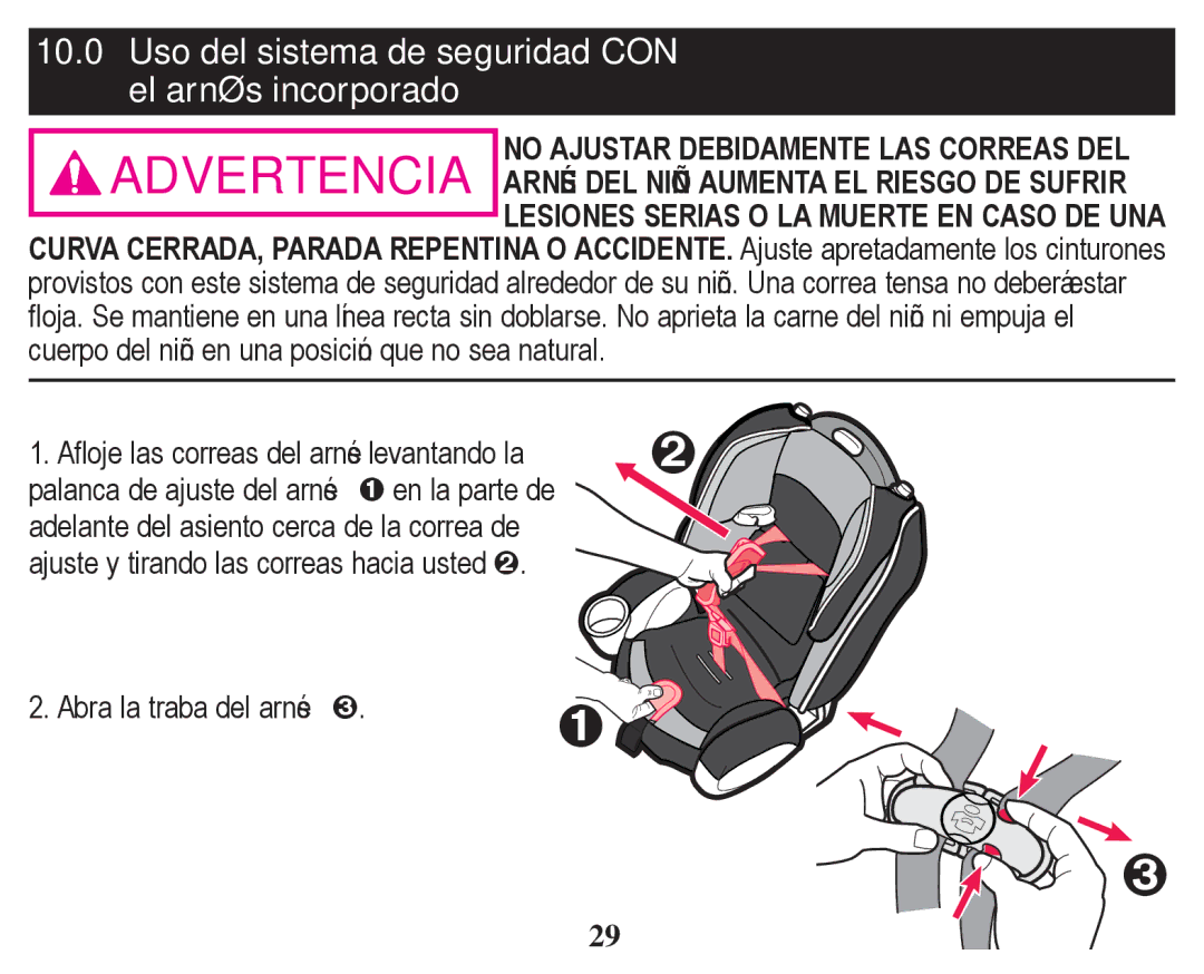 Graco PD247328A owner manual Abra la traba del arnés › 