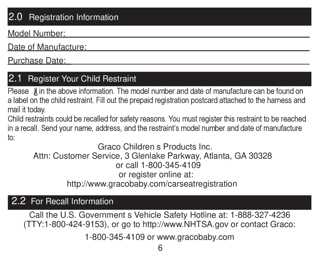 Graco PD247328A owner manual Model Number Date of Manufacture Purchase Date, Register Your Child Restraint 