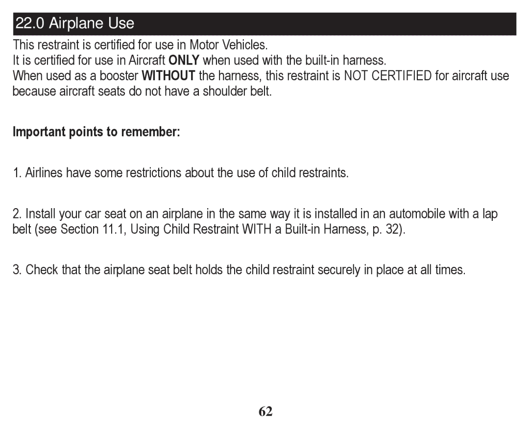 Graco PD247328A owner manual Airplane Use, Important points to remember 