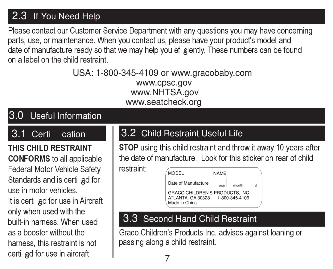 Graco PD247328A owner manual Second Hand Child Restraint 