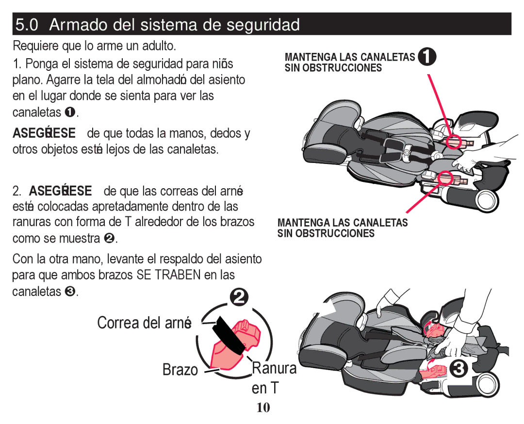 Graco PD247328A owner manual Armado del sistema de seguridad, Correa del arnés Ranura Brazo En T 