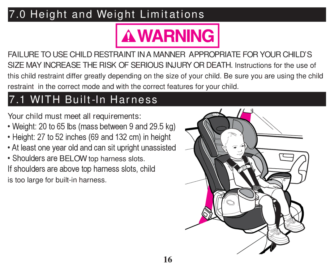 Graco PD247333A owner manual Height and Weight Limitations, With Built-In Harness 