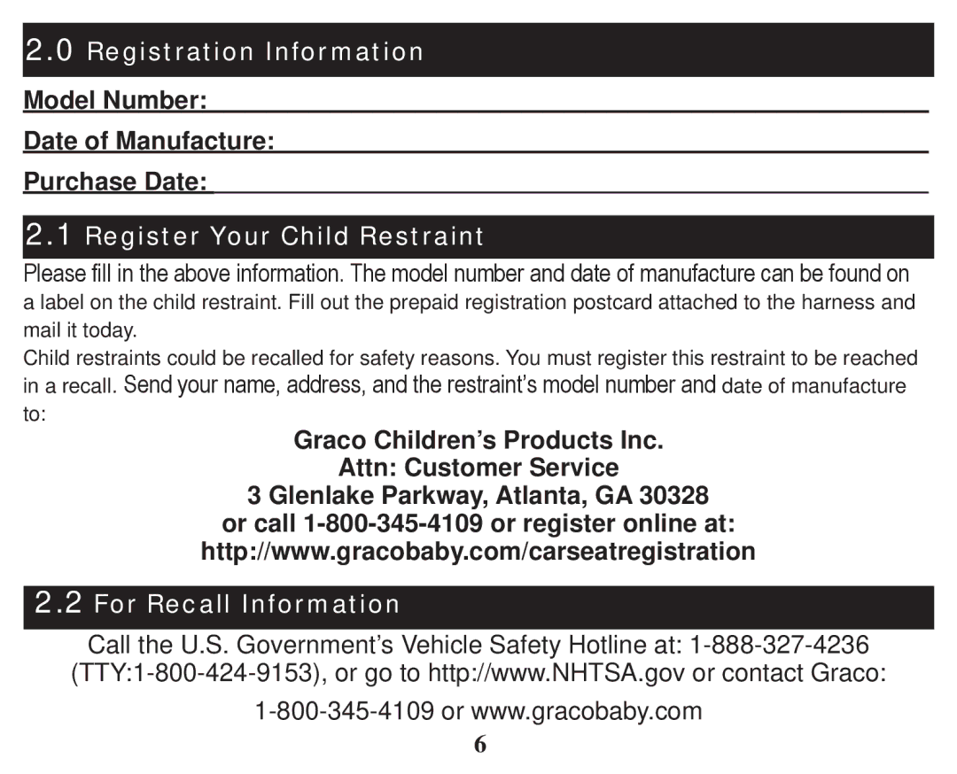 Graco PD247333A owner manual Model Number Date of Manufacture Purchase Date, Register Your Child Restraint 