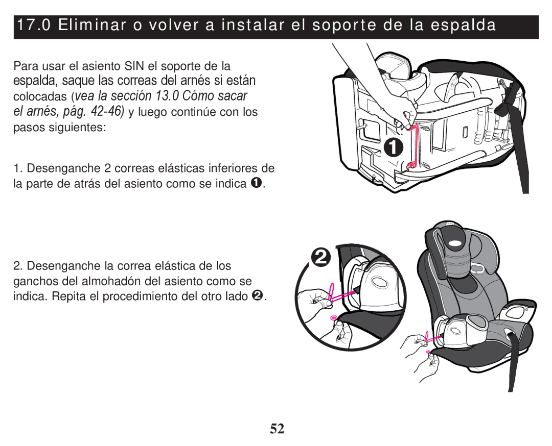 Graco PD247333A owner manual Eliminar o volver a instalar el soporte de la espalda 