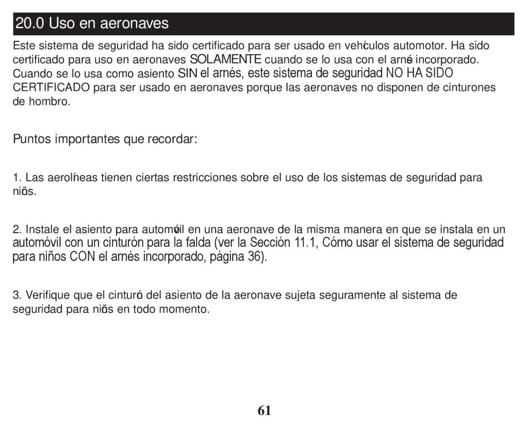 Graco PD247333A owner manual Uso en aeronaves, Puntos importantes que recordar 