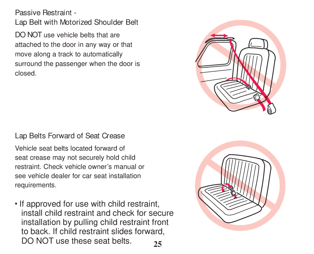 Graco PD247333A owner manual ‡ Passive Restraint Lap Belt with Motorized Shoulder Belt, ‡ Lap Belts Forward of Seat Crease 