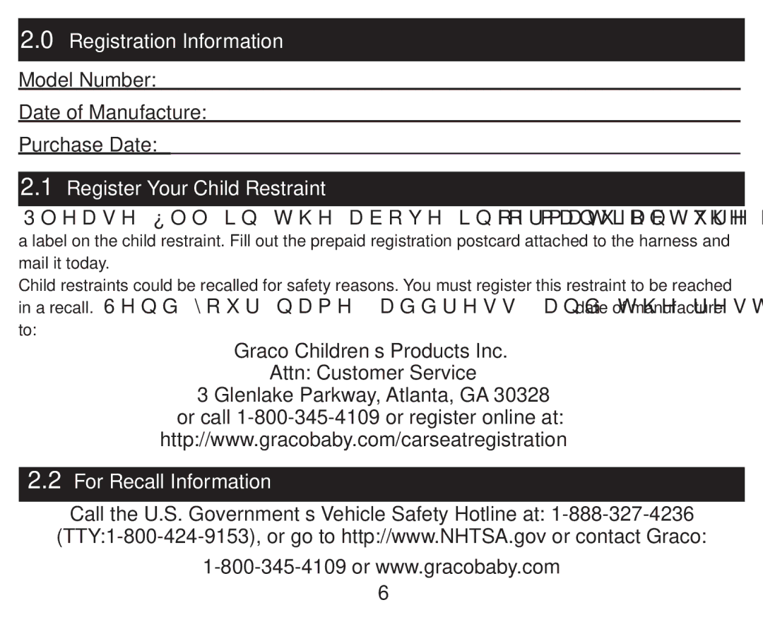 Graco PD247333A owner manual Model Number Date of Manufacture Purchase Date, Register Your Child Restraint 