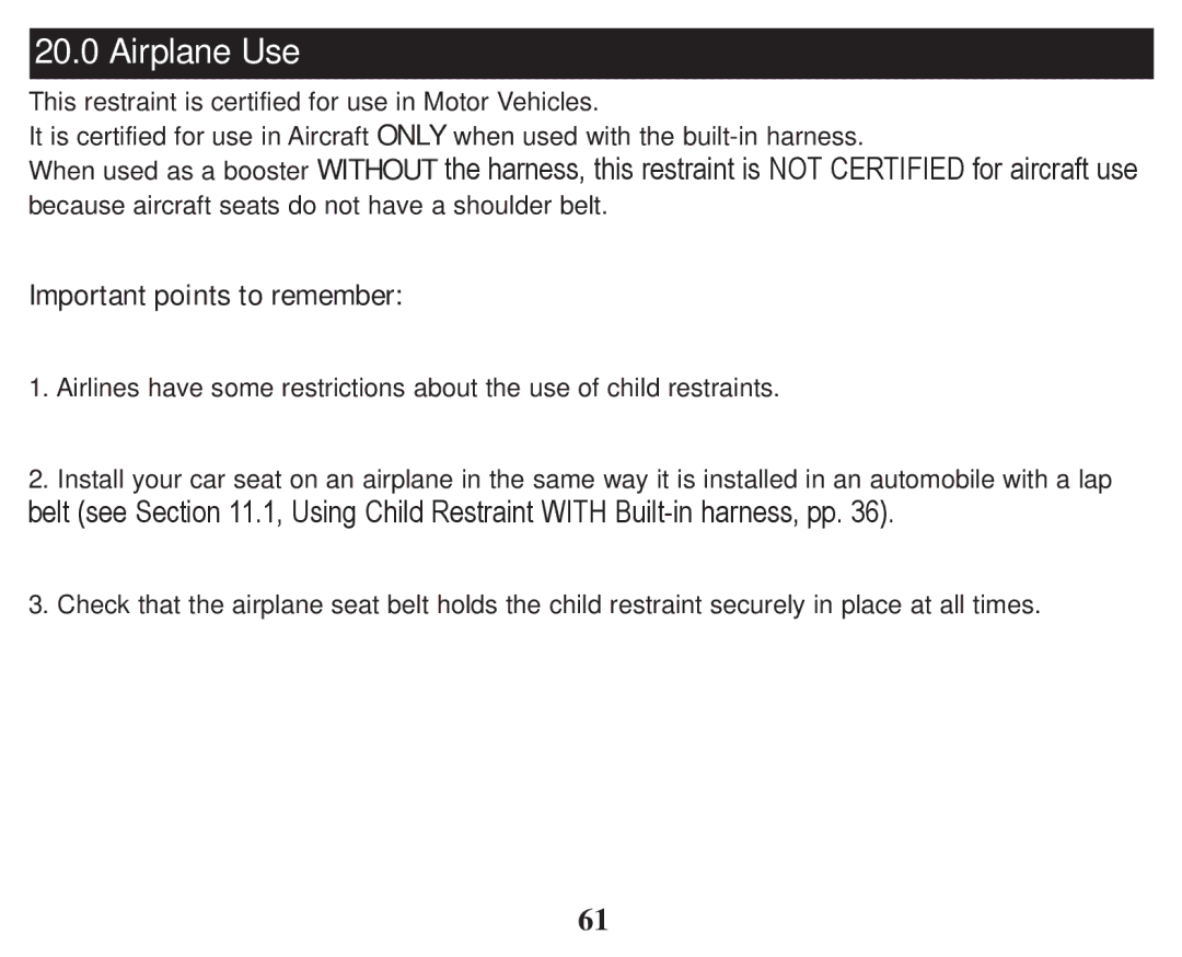 Graco PD247333A owner manual Airplane Use, Important points to remember 