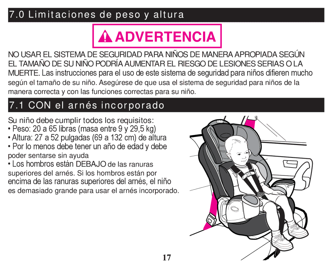 Graco PD247333A owner manual Limitaciones de peso y altura, CON el arnés incorporado 