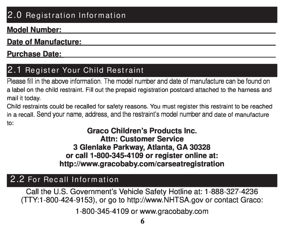 Graco PD247333A Registration Information, Model Number Date of Manufacture Purchase Date, Register Your Child Restraint 