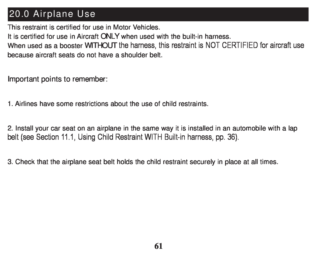 Graco PD247333A owner manual Airplane Use, Important points to remember 