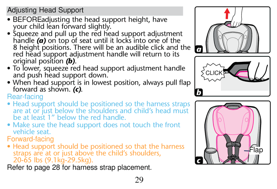 Graco PD250304A owner manual Adjusting Head Support, Refer to page 28 for harness strap placement, Flap 