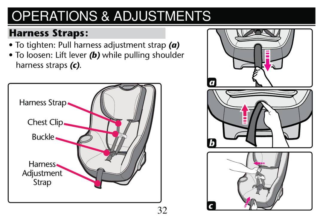 Graco PD250304A owner manual Operations & Adjustments, Harness straps c Harness Strap Chest Clip, Harness Adjustment Strap 