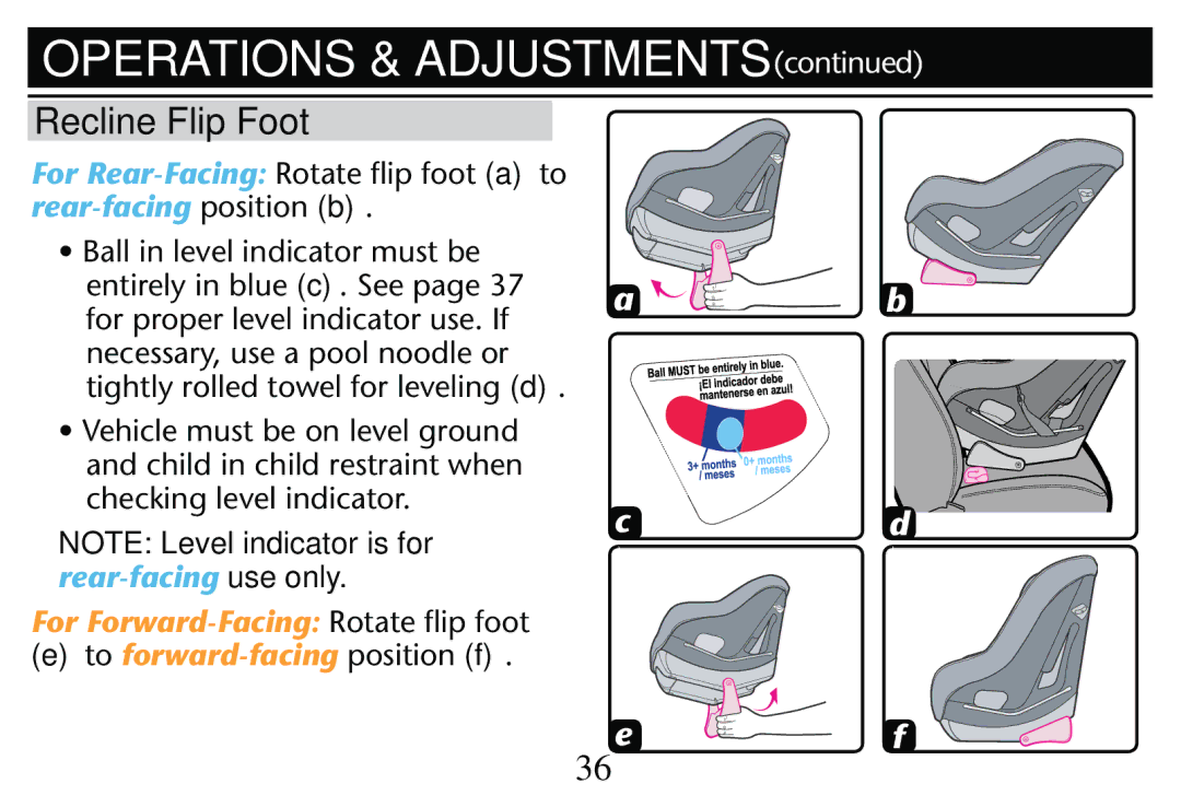 Graco PD250304A owner manual Recline Flip Foot, Checking Level INDICATOR 