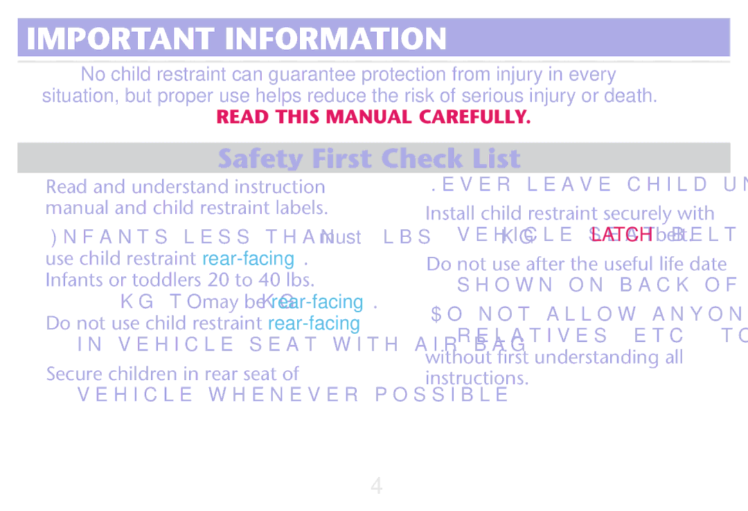 Graco PD250304A owner manual Important Information, Vehicle Seat WITHCAIREBAG, Vehicle WHENEVERLPOSSIBLE 