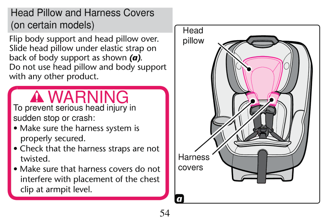 Graco PD250304A owner manual Head Pillow and Harness Covers on certain models, Clipcat ARMPITALEVEL, Harness covers 