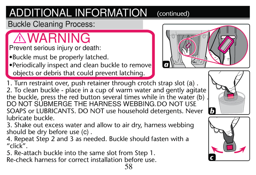 Graco PD250304A owner manual Buckle Cleaning Process, Prevent serious injury or death, SUCKLECMUST be Properly LATCHED 