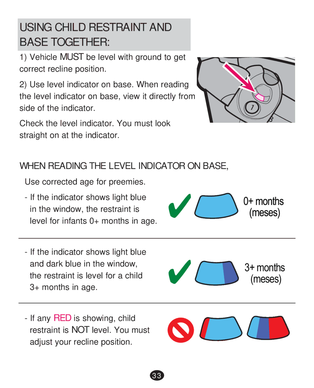 Graco PD252987A manual Using Child Restraint Base Together, When Reading the Level Indicator on Base 