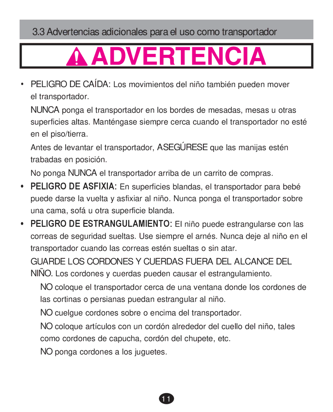 Graco PD252987A manual Advertencias adicionales para el uso como transportador 