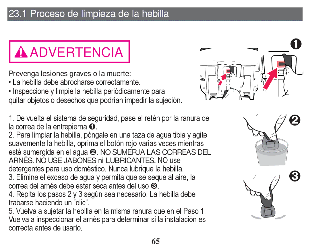 Graco PD254379A owner manual Proceso de limpieza de la hebilla, Prevenga lesiones graves o la muerte 