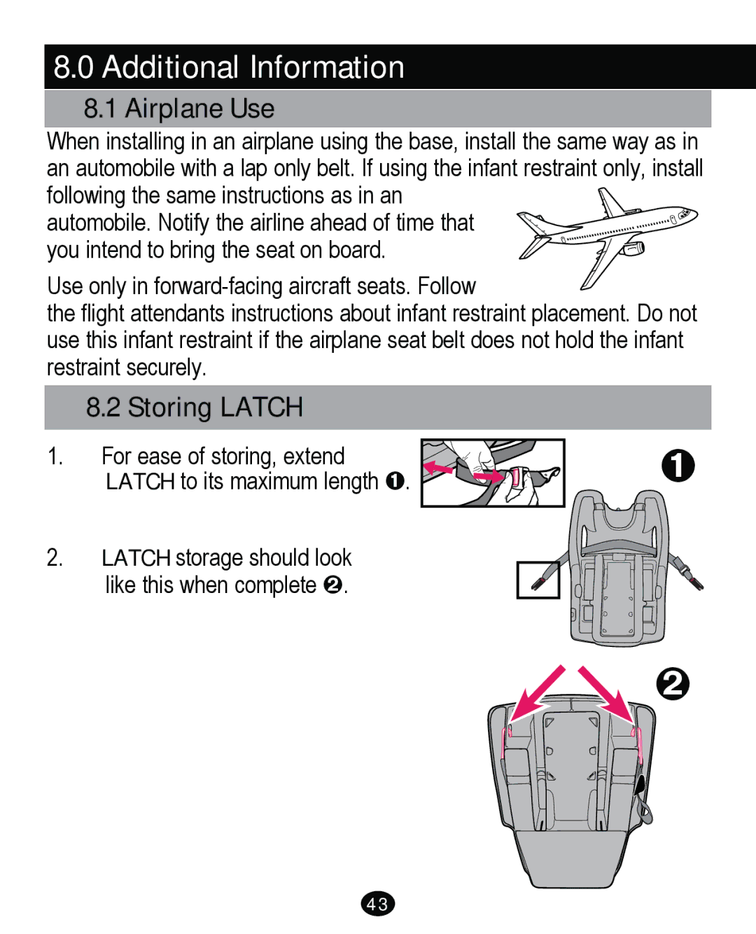 Graco PD261465A 10/13 US manual Additional Information, Airplane Use, Storing Latch 