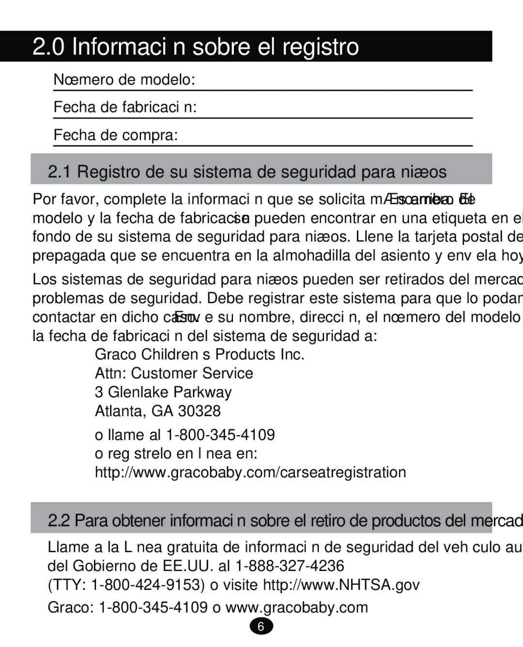 Graco PD261465A 10/13 US manual Información sobre el registro, Registro de su sistema de seguridad para niños 