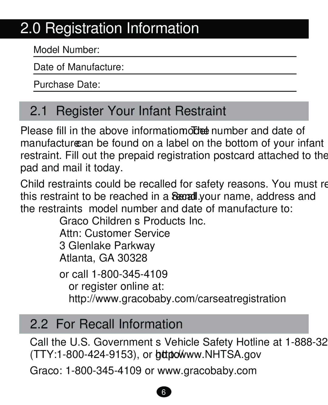 Graco PD261465A 10/13 US manual Registration Information, Register Your Infant Restraint, For Recall Information 