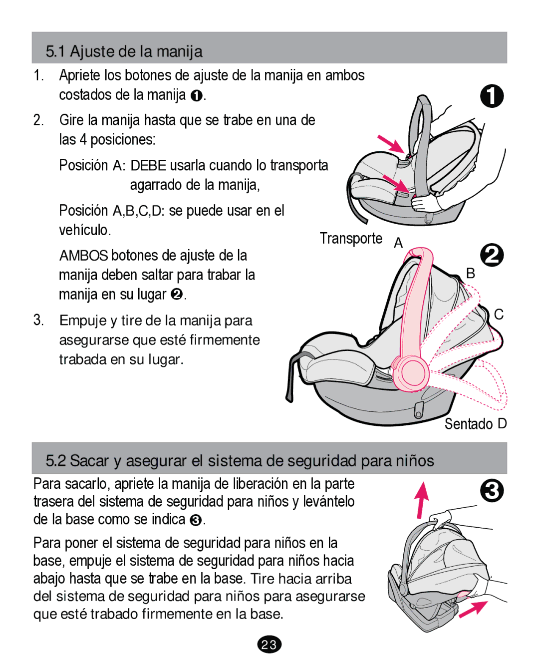 Graco PD261465A 10/13 US manual Ajuste de la manija, Sacar y asegurar el sistema de seguridad para niños 